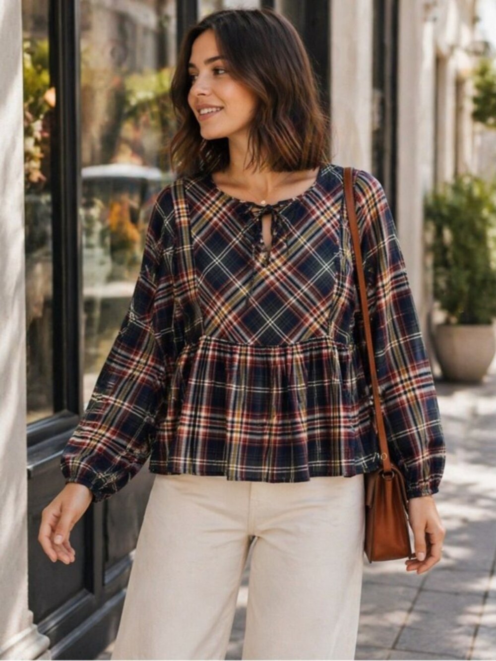 Apricot Plaid Peplum Blouse Multicolor Size S Boho Cottagecore Fall Top Academia